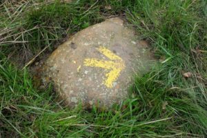 Piedra con la flecha amarilla en el Camino Francés indicando hacia donde sigue el Camino de Santiago