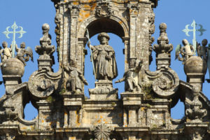 Spire of the cathedral of Santiago, with a sculpture of the apostle Santiago as a pilgrim