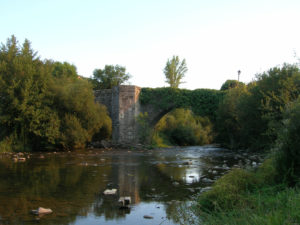 Puente de la Rabia in Zubiri over a river, surrounded by green trees