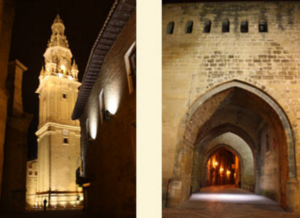 Exenta tower and remains of the wall. South cover of the cathedral during the night with lights