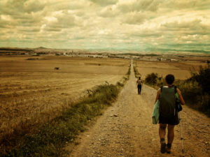 Personas entrando a Santo Domingo de la Calzada a través de un camino de tierra