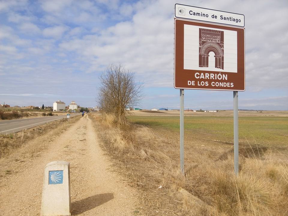 Camino de tierra entre Frómista y Carrión con señalización del Camino de Santiago
