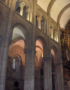 Interior of the cathedral of Santiago, where you can see the tribune that occupies the entire upper space of the side aisles