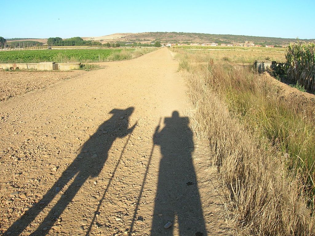 Sombra de dos peregrinos en el camino desde Villares a Hospital de Órbigo