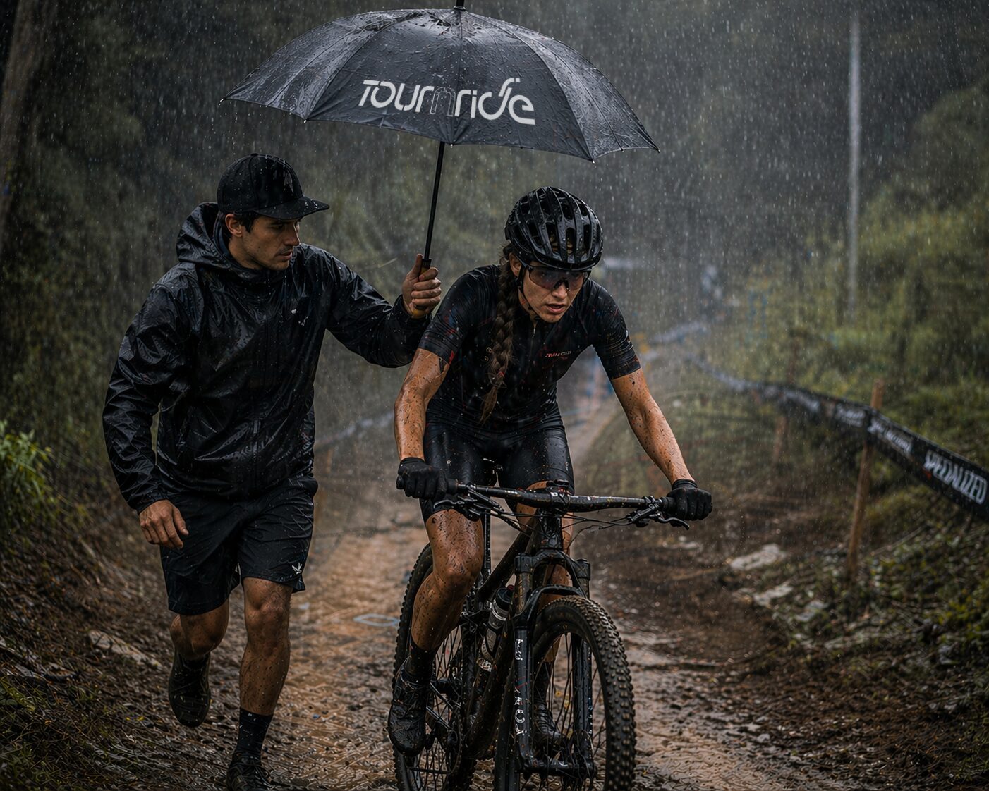 Equipe Da Tournride Ajudando Um Ciclista Na Chuva — Tournride Full Assistance No Caminho De Santiago